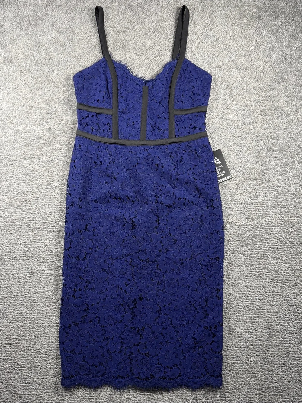 Express Dress Womens Sz 6 Small Blue Lace Black Trim Midi Bustier V Neck Evening - Picture 2 of 10